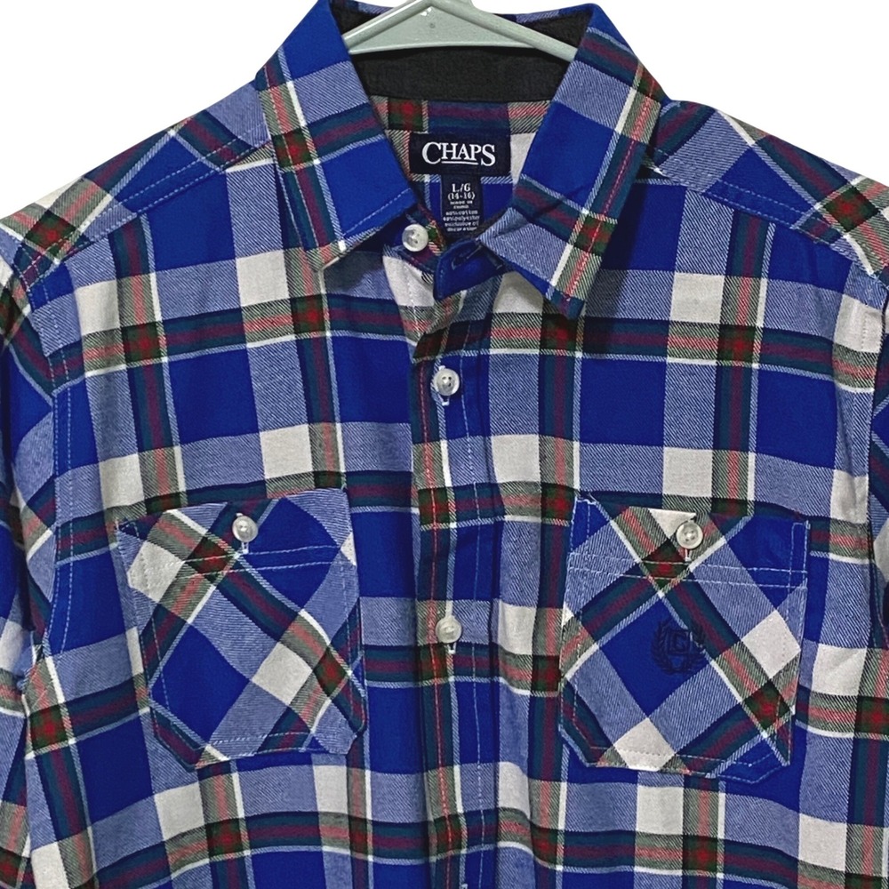 Ralph Lauren Chaps Tartan Plaid Button Up Shirt Youth Boys L Blue Long Sleeve